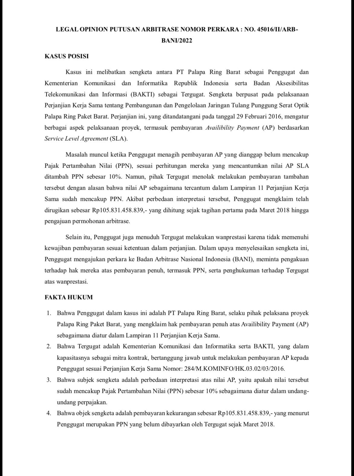 Legal Opinion Putusan Arbitrase