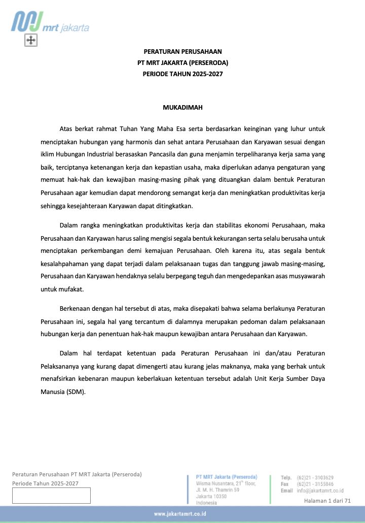 Peraturan Perusahaan MRT Jakarta