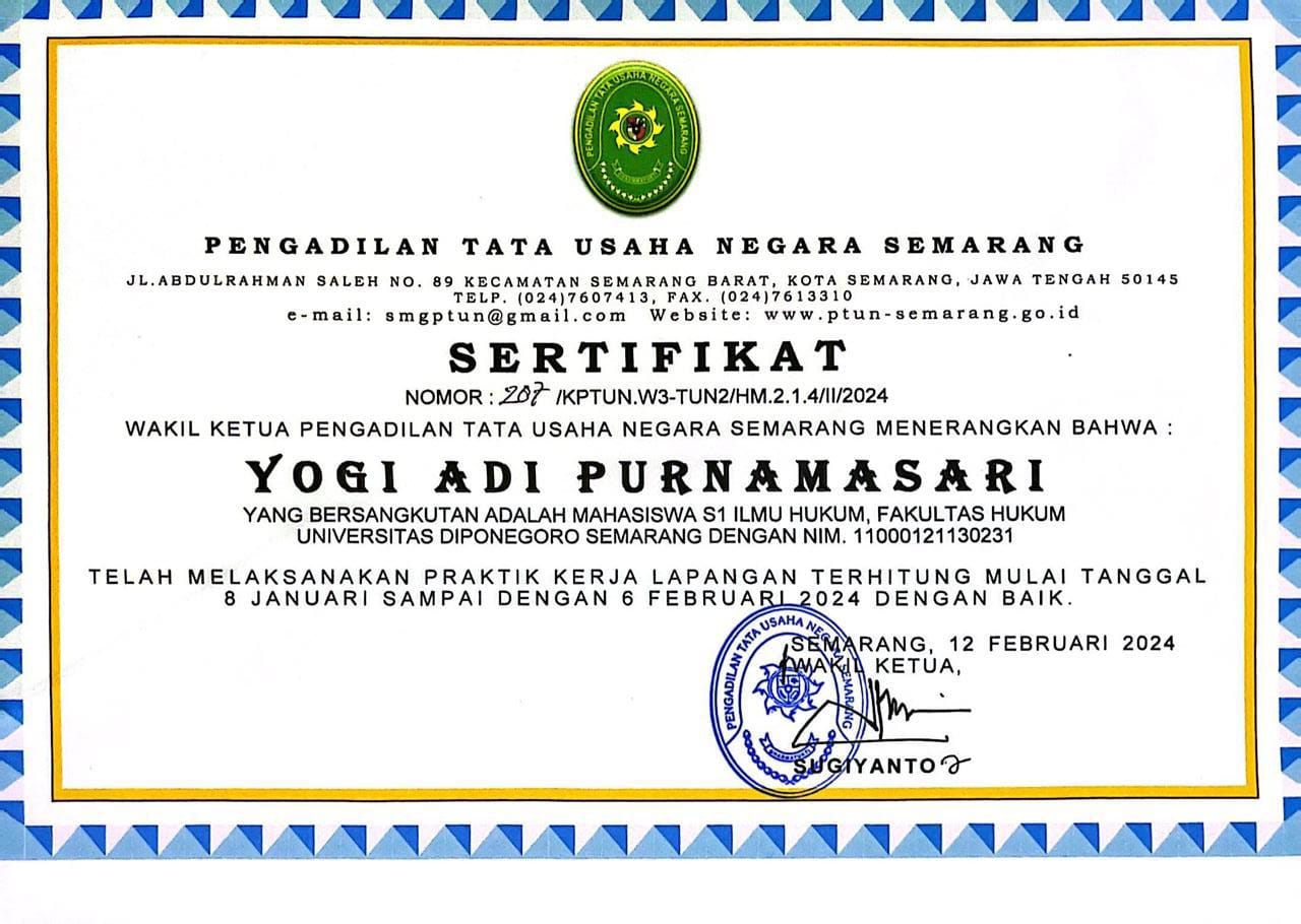 Sertifikat Magang PTUN Semarang